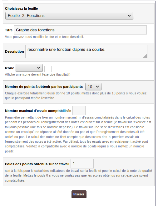 Ins�rer un exercice dans une feuille