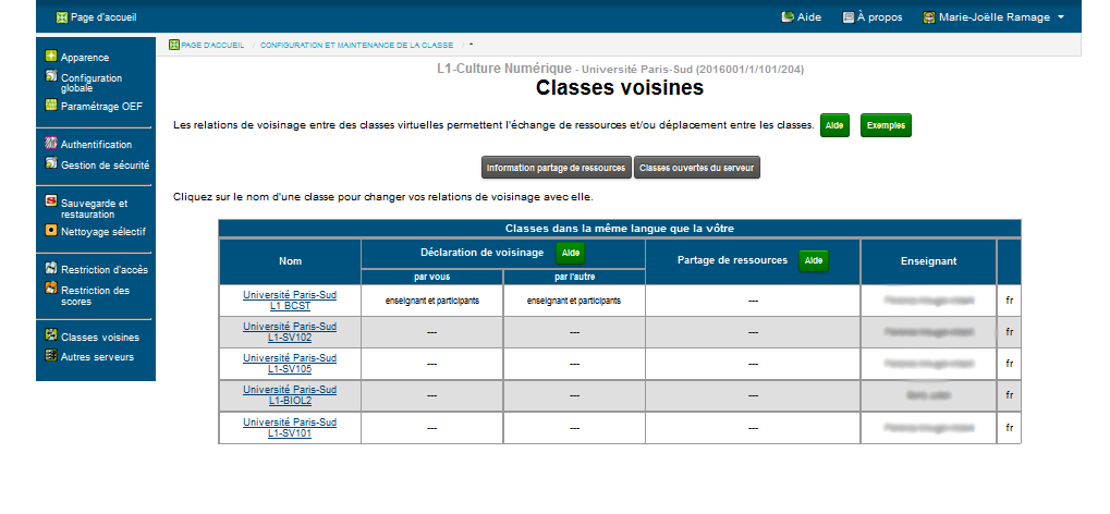 �cran de d�claration de voisinage : liste des classes voisines